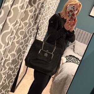 Dkny Black Tote Bag with Mesh Fabric and Silver Chain Detail